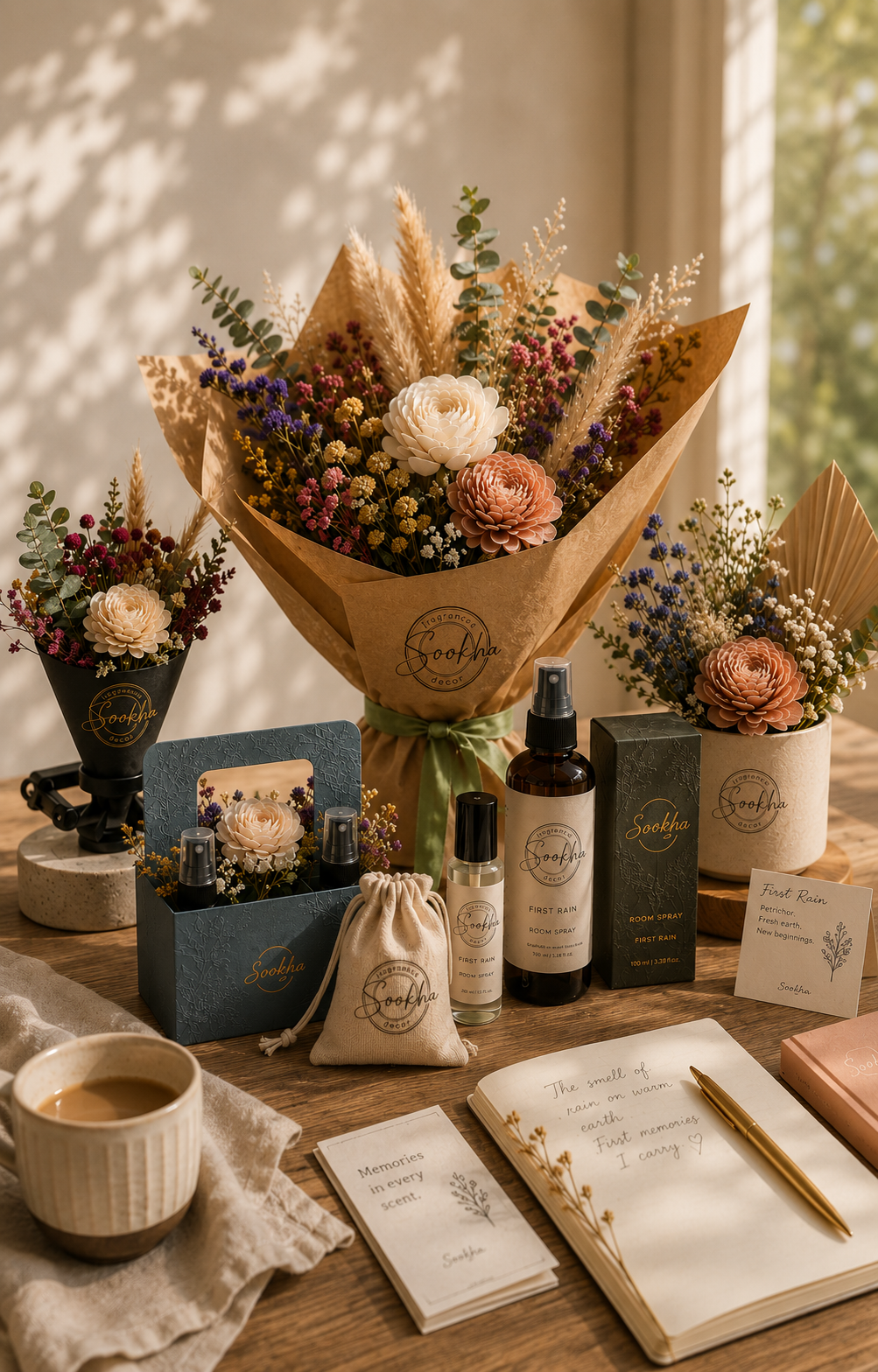 Sookha fragrance bouquets, room sprays and keepsakes arranged on a wooden table in natural light