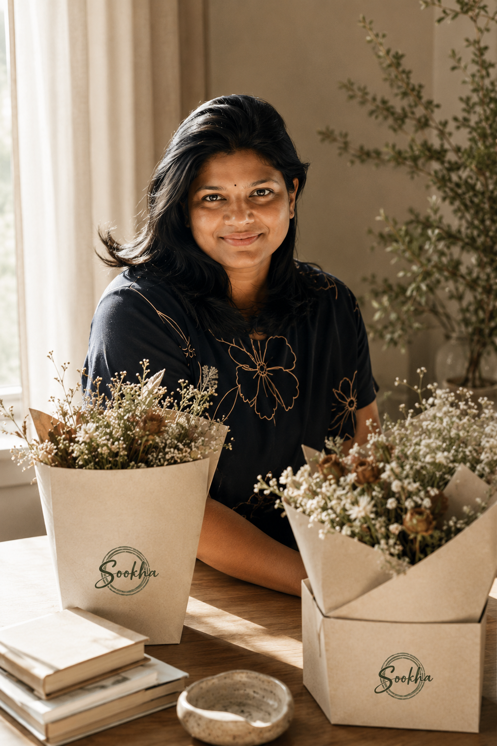 Vidya, founder of Sookha, with botanical bouquets